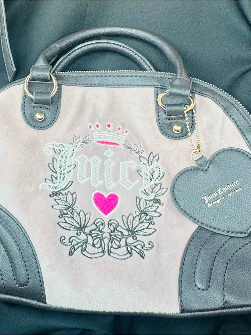Juicy Couture Pink and Gray Dome Satchel with Heart Charm Accent